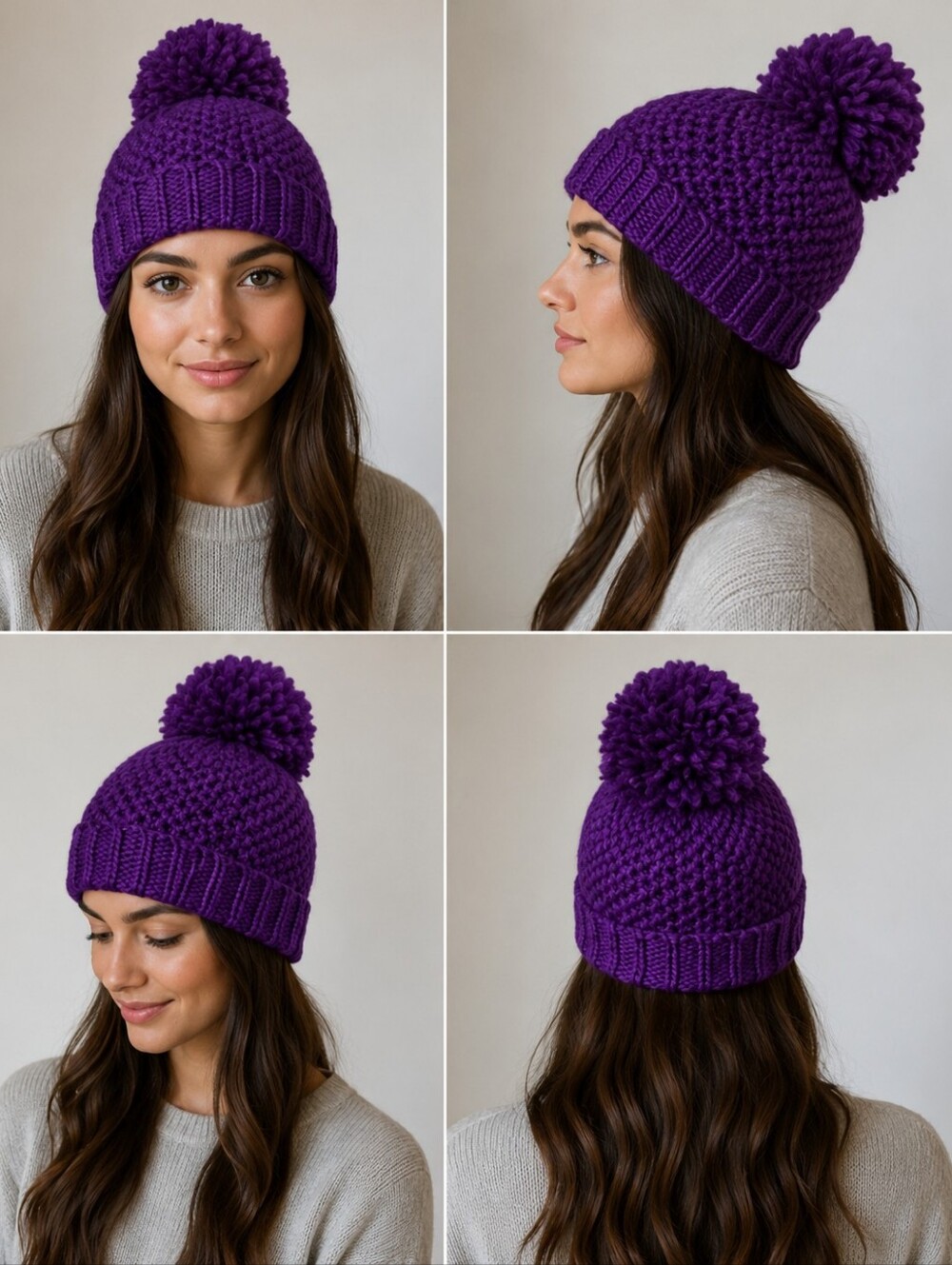 Purple Knit Pom-Pom Beanie Like New